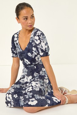 Roman Petite Navy Floral Print Sweetheart Dress