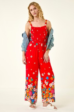 Roman Red Floral Border Print Shirred Jumpsuit