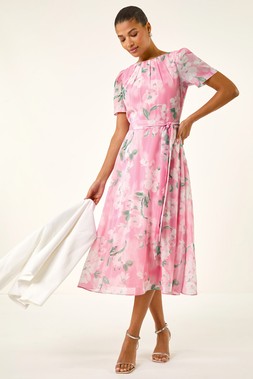 Roman Floral Print Pleat Neck Midi Dress