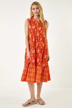 Roman Orange Floral Print Contrast Swing Dress