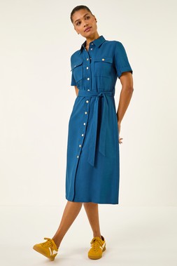 Roman Navy Button Belted Collared Shirt Dress