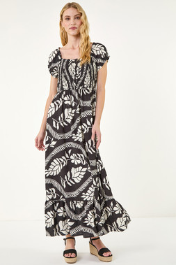 Roman Leaf Print Shirred Maxi Dress