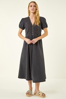 Roman Black Button Detail Tiered Midi Dress