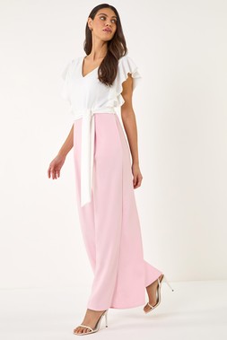 Roman Light Pink Colour Block V-Neck Stretch Jumpsuit