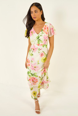 Petite Ivory Floral V-Neck Frill Dress