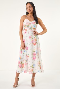 Roman Petite Ivory Floral Ruched Midi Dress