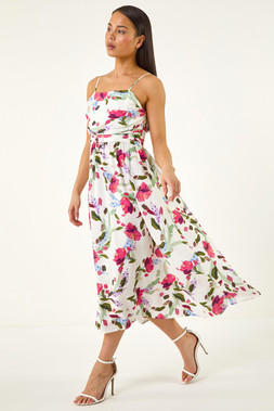 Roman Petite Ivory Floral Ruched Midi Dress