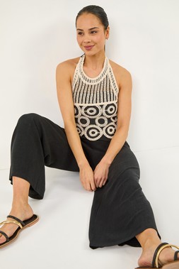 Roman Petite Black Crochet Detail Jumpsuit