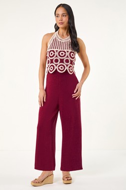 Roman Petite Wine Crochet Detail Jumpsuit