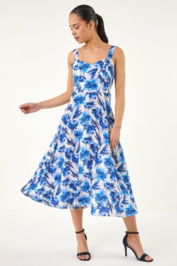 Roman Petite Blue Floral Strappy Midi Dress