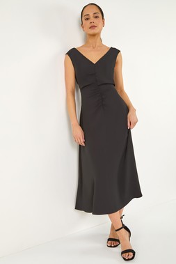 Roman Petite Black V-Neck Ruched Stretch Midi Dress