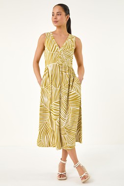 Roman Ochre Petite Abstract Leaf Midi Dress