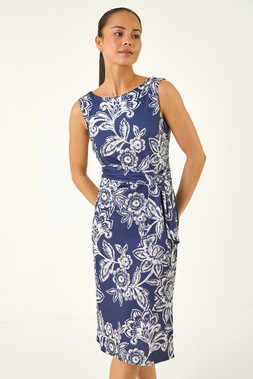 Roman Petite Navy Floral Side Tie Midi Dress