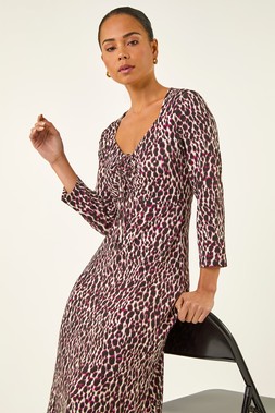 Roman Petite Wine Animal Print Ruched Stretch Midi Dress