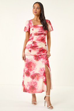 Roman Petite Floral Print Ruched Midi Dress