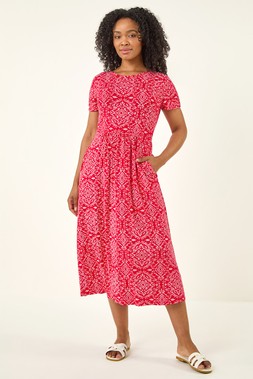 Roman Petite Aztec Gathered Waist Midi Dress