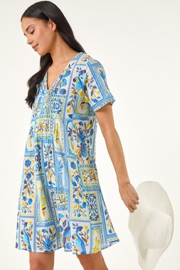 Roman Petite Blue Floral Tile Tunic Dress