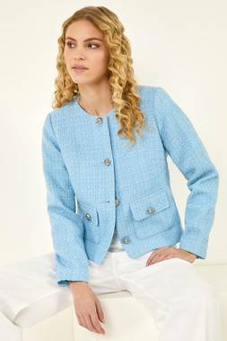 Roman Light Blue Collarless Boucle Jacket