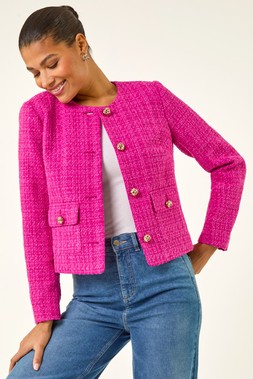 Roman Collarless Buttoned Boucle Jacket
