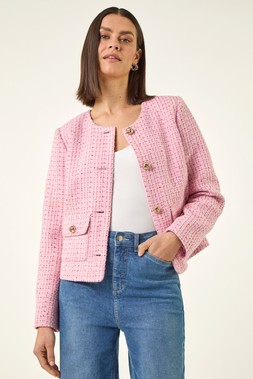 Roman Pink Collarless Sequin Boucle Jacket