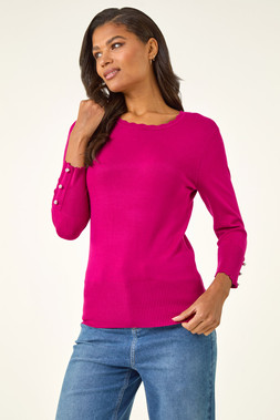 Fuchsia Sparkly Diamante Button Scallop Edge Jumper