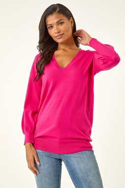 Roman Fuchsia Plain Stretch V-Neck Longline Jumper