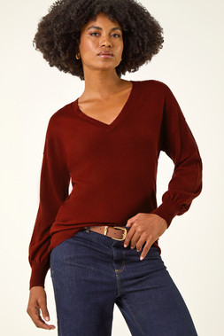 Roman Red Plain V-Neck Stretch Longline Jumper