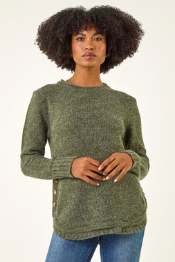 Roman Khaki Button Detail Curved Hem Jumper