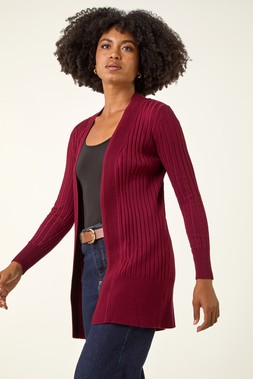 Roman Wine Longline Stretch Ribbed Cardigan