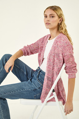 Roman Pink Tape Knit Cotton Blend Cardigan