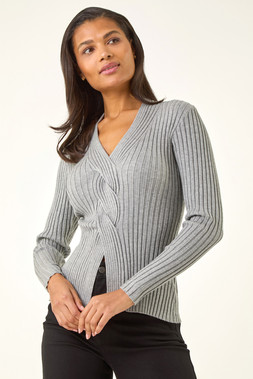 Roman Grey Cable Split Detail Rib Jumper