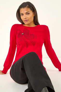 Roman Red Sparkle Bow Detail Crew Neck Jumper