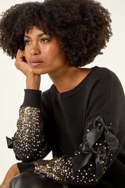Roman Black Sequin Bow Sleeve Knit Jumper