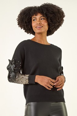 Roman Black Sequin Bow Sleeve Knit Jumper