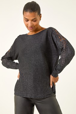 Roman Black Sparkly Leaf Knit Jumper