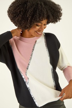 Roman Pink Colour Block Sequin Knit Jumper