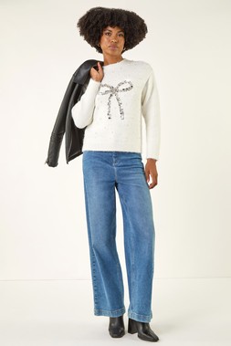 Roman Ivory Embellished Bow Front Knit Jumper