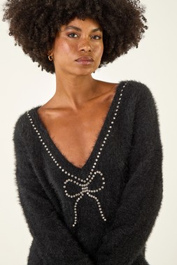 Roman Black Fluffy Sparkly Bow Knit Jumper