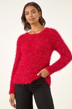 Red Metallic Fluffy Knit Jumper