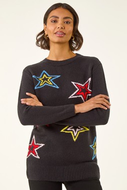 Roman Black Star Crew Neck Knit Jumper