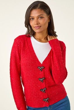Red Bow Embellished Sequin Knit Cardigan Rated 5 out of 5