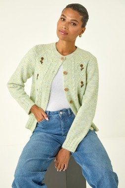 Roman Pale Green Embroidered Floral Knit Cardigan