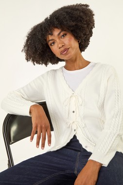 Roman Ivory Bow Front Buttoned Knit Cardigan