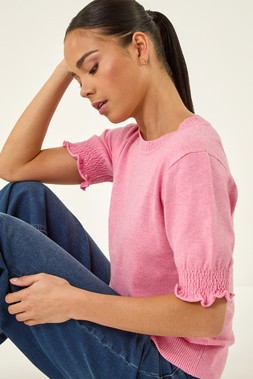 Petite Light Pink Shirred Sleeve Knit Top
