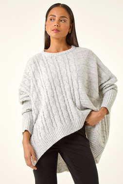 Roman Petite Grey Contrast Cable Knit Oversized Jumper