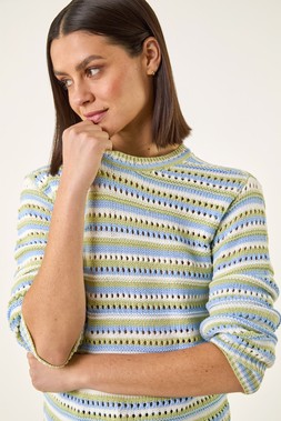 Roman Green Stripe Pointelle Crew Neck Knit