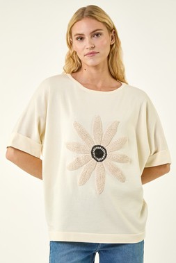 Roman Beige Crochet Flower Knit Top