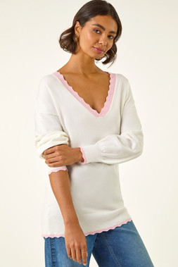 Roman Ivory V-Neck Scalloped Boyfriend Jumper