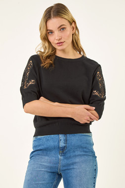Dusk Black Crochet Sleeve Knit Top