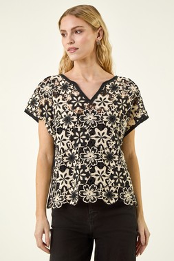 Roman Black Floral Crochet Knit Top